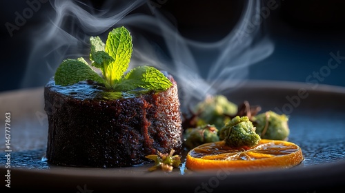Rich lava cake dessert with contrasting citrus and green tones, food styling under soft dramatic lighting for gourmet effect.