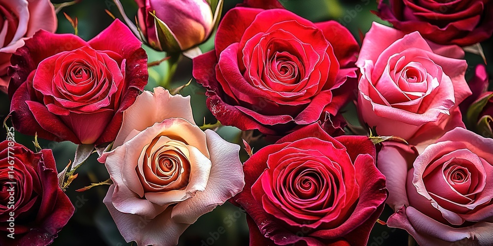 Bouquet of red and pink roses with buds against green background.