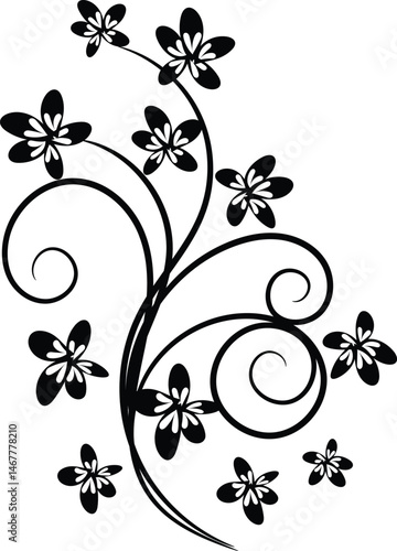 Elegant Black and White Floral Design with Swirling Vines and Small Flowers