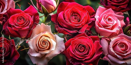 Obraz na płótnie Bouquet of red and pink roses with buds against green background. w salonie