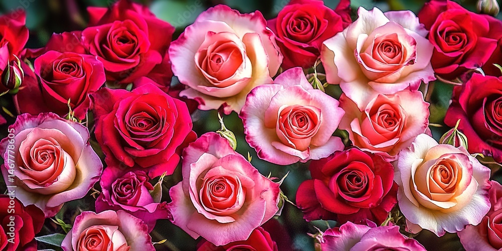 Bouquet of red and pink roses with buds against green background.
