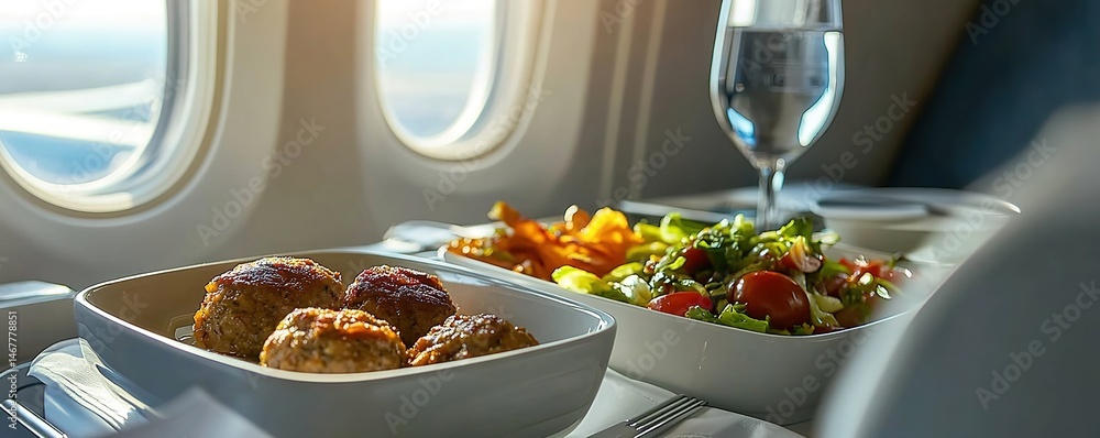 Airplane meal tray with meatballs, salad and water in cabin sunlight.
