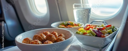 Obraz na płótnie Airplane meal tray with meatballs, salad and water in cabin sunlight. w salonie
