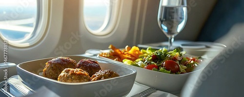 Obraz na płótnie Airplane meal tray with meatballs, salad and water in cabin sunlight. w salonie