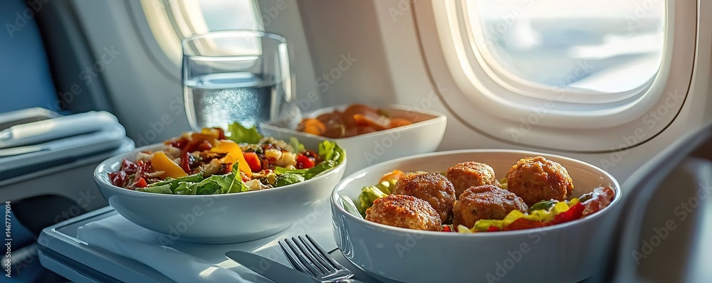 Airplane meal tray with meatballs, salad and water in cabin sunlight.