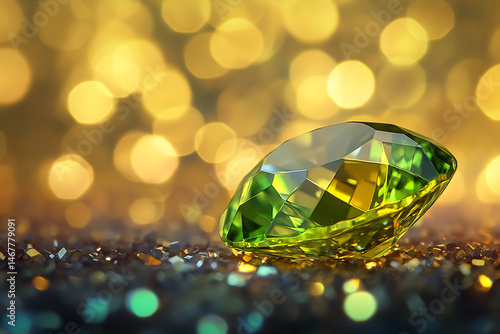 Wallpaper Mural Radiant green Peridot gemstone sparkles atop a glittering surface with glowing golden bokeh in the background. Ideal for luxury, wealth, nature, elegance, jewelry design, or premium product visuals. Torontodigital.ca