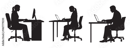 Silhouette of Office Employees Working at Desks on Computers and Laptops. Vector illustration.