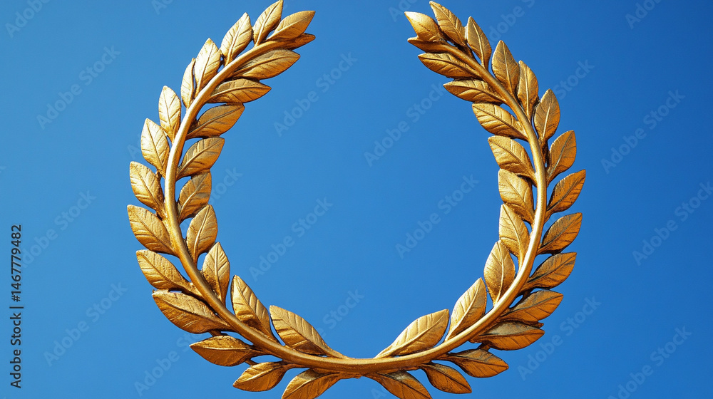 Shiny modern gold laurel wreath set against a bright blue sky, symbolizing triumph, excellence, and honor. A powerful image of achievement with classical roots and contemporary brilliance.