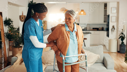 Fotografie Nurse, senior woman and home with walker, happy or support for recovery with injury in living room