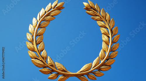 Obraz na płótnie Shiny modern gold laurel wreath set against a bright blue sky, symbolizing triumph, excellence, and honor. A powerful image of achievement with classical roots and contemporary brilliance.
w salonie