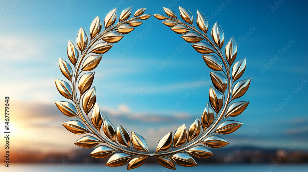 Shiny modern gold laurel wreath set against a bright blue sky, symbolizing triumph, excellence, and honor. A powerful image of achievement with classical roots and contemporary brilliance.