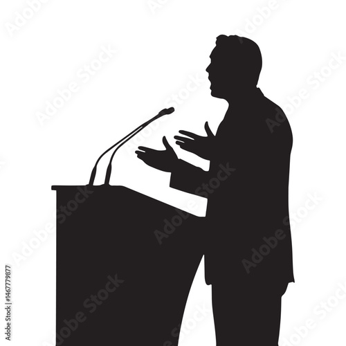 Silhouette of Male Speaker Delivering Speech at Podium on Stage. Vector illustration.