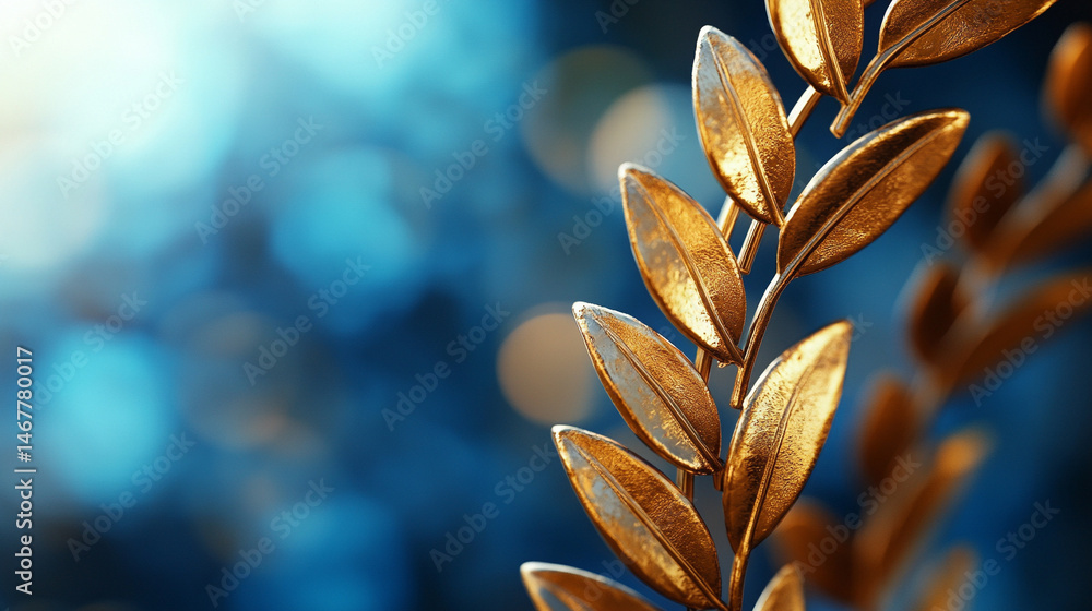 Shiny modern gold laurel wreath set against a bright blue sky, symbolizing triumph, excellence, and honor. A powerful image of achievement with classical roots and contemporary brilliance.