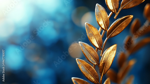 Obraz na płótnie Shiny modern gold laurel wreath set against a bright blue sky, symbolizing triumph, excellence, and honor. A powerful image of achievement with classical roots and contemporary brilliance.
w salonie