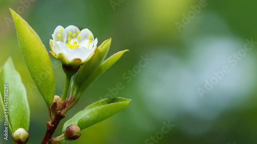 Time-lapse video of delicate white blossom, prominent yellow center, representing spring and renewal, against blurred green foliage background