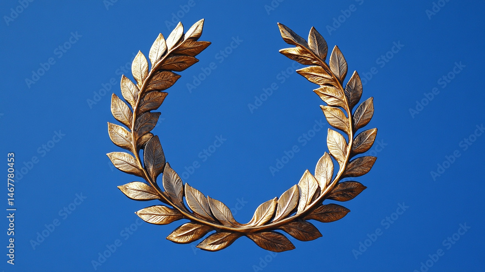 Shiny modern gold laurel wreath set against a bright blue sky, symbolizing triumph, excellence, and honor. A powerful image of achievement with classical roots and contemporary brilliance.