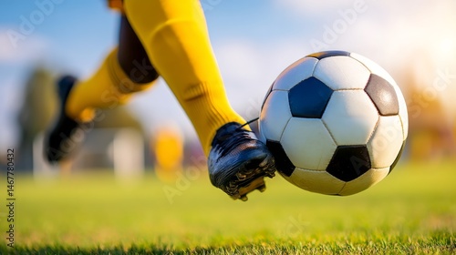 A soccer player in yellow socks kicks a black and white ball on the field