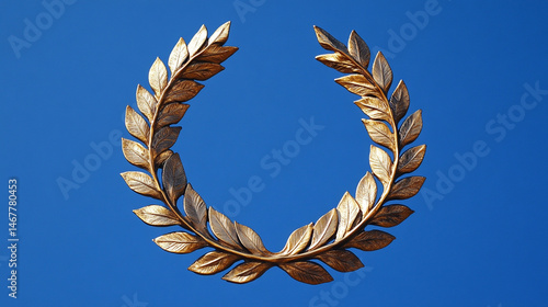Obraz na płótnie Shiny modern gold laurel wreath set against a bright blue sky, symbolizing triumph, excellence, and honor. A powerful image of achievement with classical roots and contemporary brilliance.
w salonie