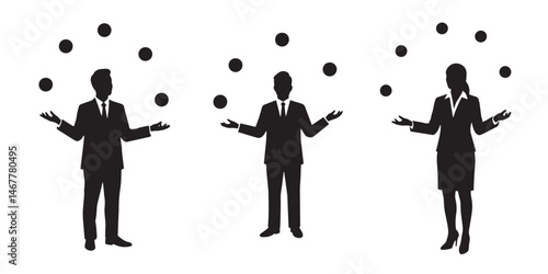Silhouette of Business Professionals Juggling Balls Representing Multitasking and Time Management. Vector illustration.