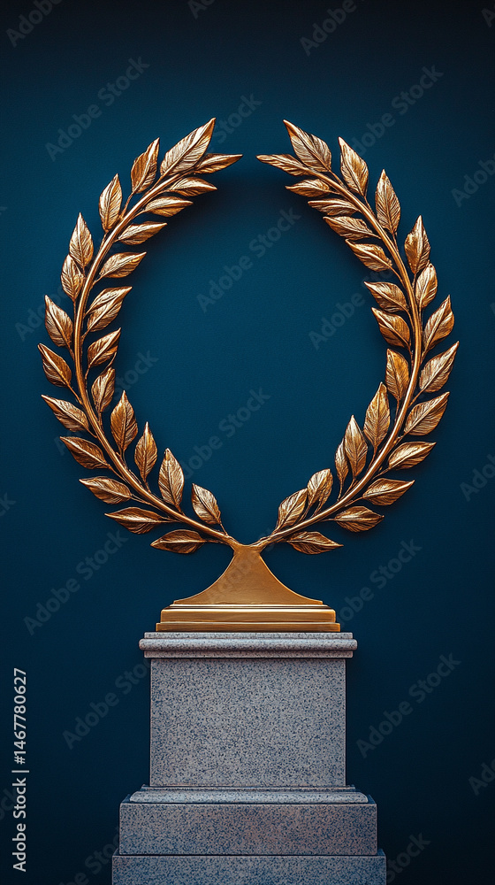 Shiny modern gold laurel wreath set against a bright blue sky, symbolizing triumph, excellence, and honor. A powerful image of achievement with classical roots and contemporary brilliance.