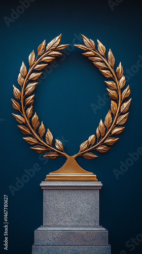 Shiny modern gold laurel wreath set against a bright blue sky, symbolizing triumph, excellence, and honor. A powerful image of achievement with classical roots and contemporary brilliance.

