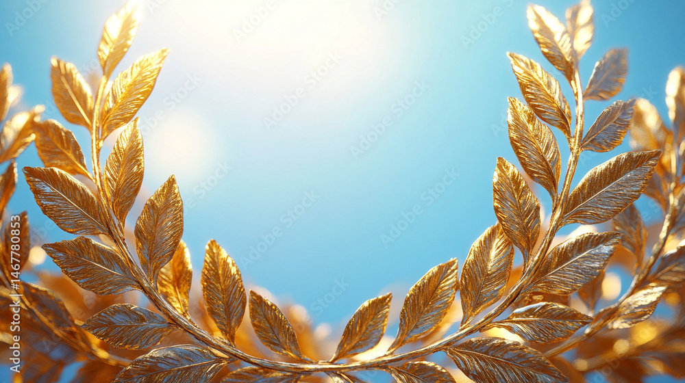 Shiny modern gold laurel wreath set against a bright blue sky, symbolizing triumph, excellence, and honor. A powerful image of achievement with classical roots and contemporary brilliance.