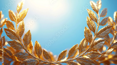 Obraz na płótnie Shiny modern gold laurel wreath set against a bright blue sky, symbolizing triumph, excellence, and honor. A powerful image of achievement with classical roots and contemporary brilliance.
w salonie