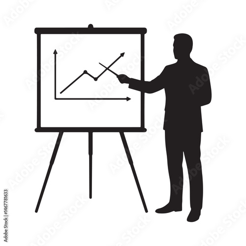 Silhouette of Corporate Professional Analyzing Graphs on Flipchart. Vector illustration.