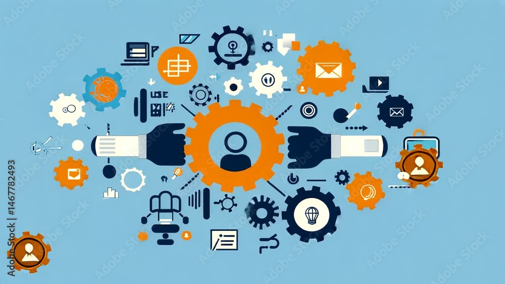 Illustration of teamwork and collaboration with gears and icons representing various tasks and communication Illustration of teamwork and collaboration with gears and icons representing various tasks and communication