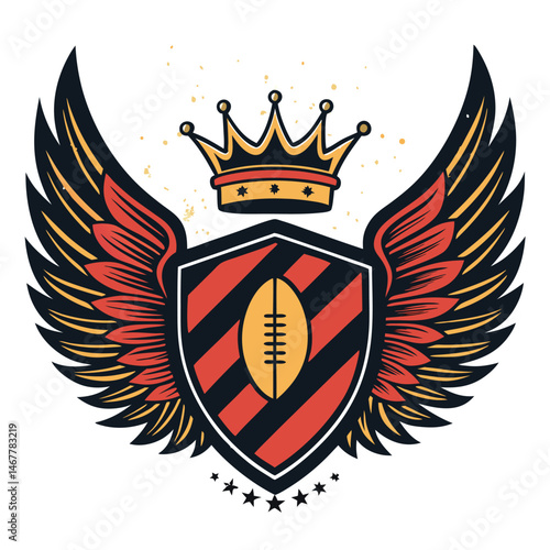 A vibrant graffiti artwork depicting a football shield with majestic wings and a crown, showcasing bold colors and a dynamic design.