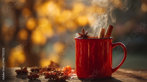 Steaming red mug with cinnamon sticks and star anise, set against warm golden light and blurred fall foliage.
