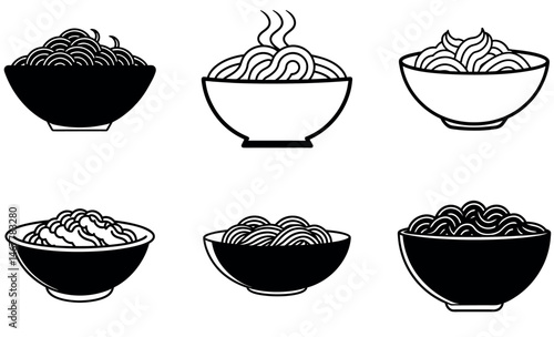 Simple Black and White Noodles in Bowls for Restaurant Menu or Food Icons