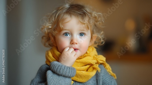 Toddler in warm-toned room brushing teeth while wearing gray sweater and yellow scarf, soft focus and gentle lighting.