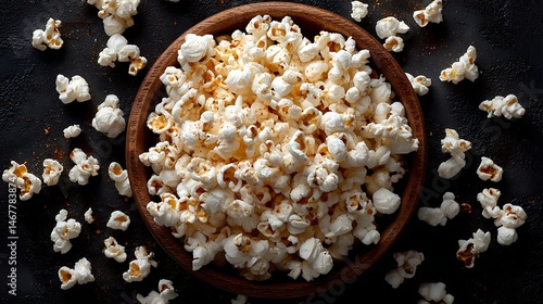 Top view of a wooden bowl filled with popcorn, scattered kernels on a dark background, high contrast and crisp macro details.