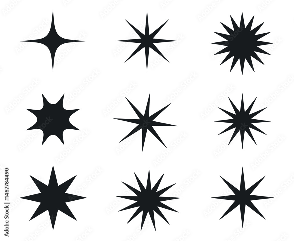 Fototapeta premium Nine Unique Black Starburst Shapes Set for Design Projects