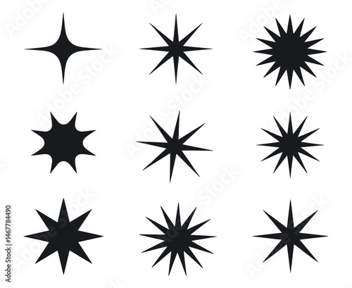 Nine Unique Black Starburst Shapes Set for Design Projects