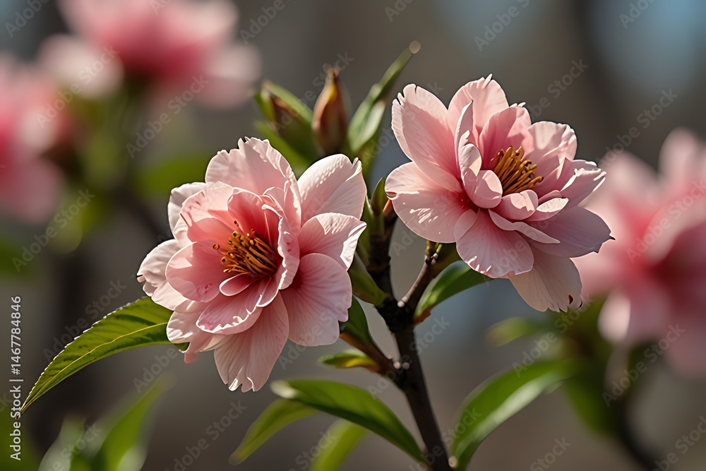Obraz premium Pink spring blossoms of cherry and pink-white magnolia flowers bloom on tree branches, a beautiful macro view of nature's season