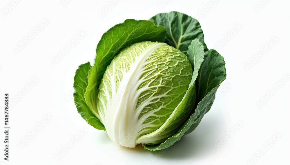 Fototapeta premium Fresh raw cabbage head isolated on white background. Healthy vegetable, nutritious food. Green leaves, white background for recipes, diets, cooking. Vegan meal ingredient.