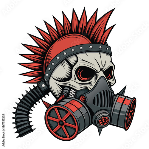 Create a digital painting of a skull wearing a gas mask, mohawk, and spiked helmet;  dark, gritty, cyberpunk aesthetic.