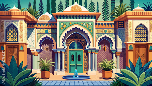 Architectural details and mosaics in Dar El Bacha palace, Marrakesh, Morocco