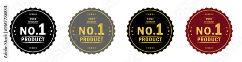 Set of 4 premium No 1 product badges with vintage style. Includes black, gold, silver, and red color schemes. Ideal for branding, labels, or quality assurance designs. No 1 product, icon.