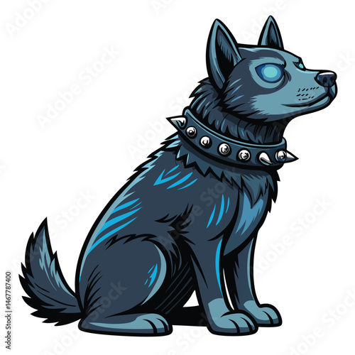 Render a spectral canine with luminous eyes, adorned with a spiked collar, in a dark, atmospheric setting.  Focus on ethereal detail and glowing effects.