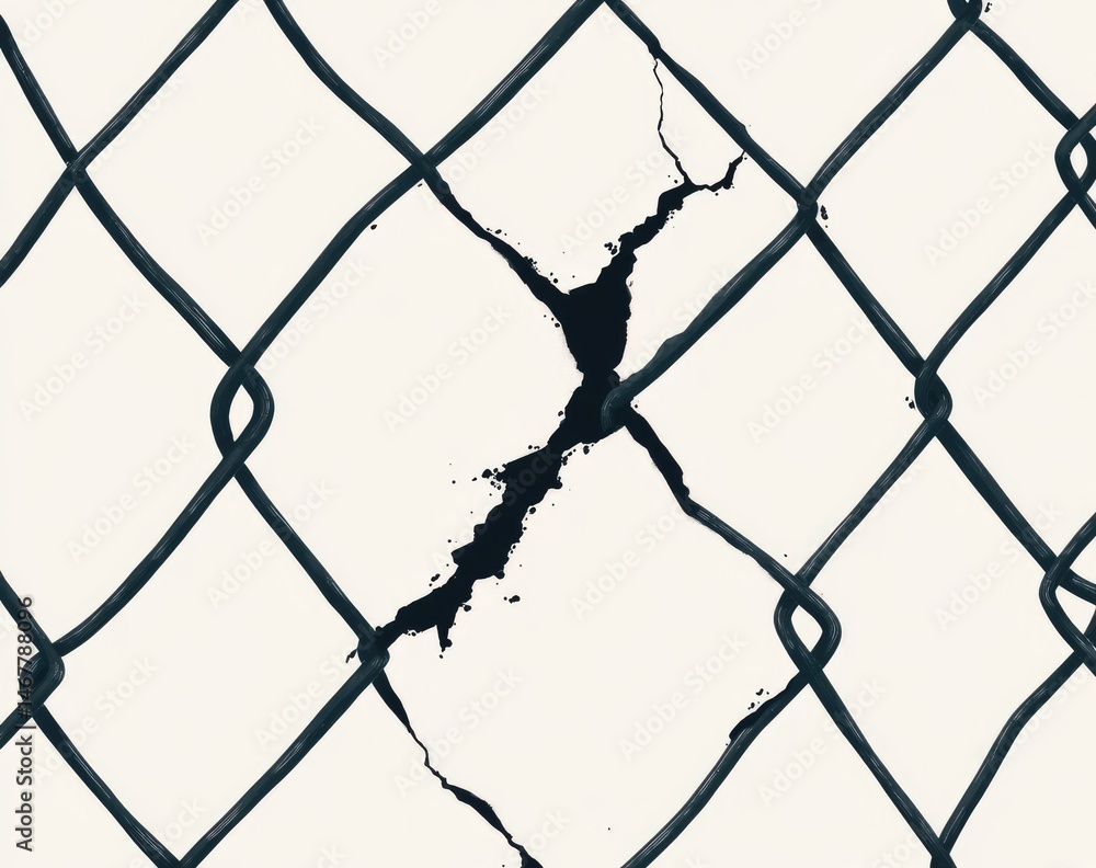 Fototapeta premium Torn chain-link fence reveals a dark gap