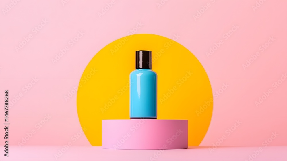 Blue Toner Bottle on Pink Podium with Yellow Circle Background Blue Toner Bottle on Pink Podium with Yellow Circle Background