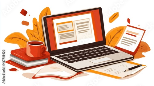 Pixelated illustration of a laptop with office supplies ideal for digital workspaces and creative project visualizations with warm autumnal hues