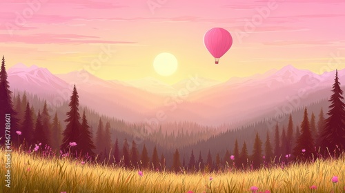 Pixelated dreamscape a romantic heart balloon floats above hazy mountains evergreen forest and sun kissed meadow fantasy artwork