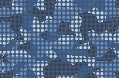 Halftone digital navy camouflage. Dot pattern in dark blue tones, camo grid background. Seamless texture. Vector wallpaper