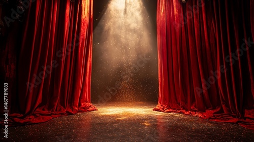 Dramatic Red Stage Curtains Open with a Spotlight and Sparkling Confetti