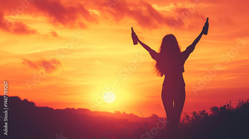 Wallpaper Mural Woman Silhouette at Sunset Celebrating in Field Torontodigital.ca