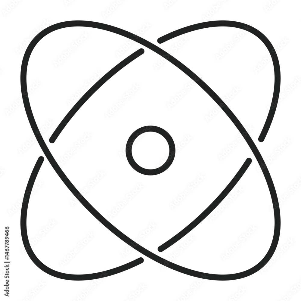 Simple atom icon graphic has rings and a circle to show the basics of the atom structure in a flat design. Simple atom icon graphic has rings and a circle to show the basics of the atom structure in a flat design.